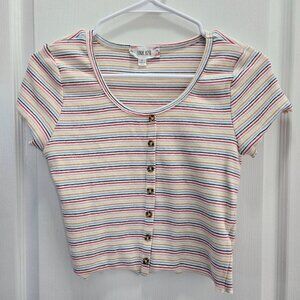Pink Rose Striped Button-Front Ribbed Short Sleeve Knit Crop Top Size L  Multico